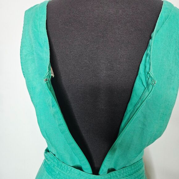 NICOLE MILLER 100% Linen Dress 6 Kelly Green Pockets V Neck Sleeveless Belted - Picture 6 of 8
